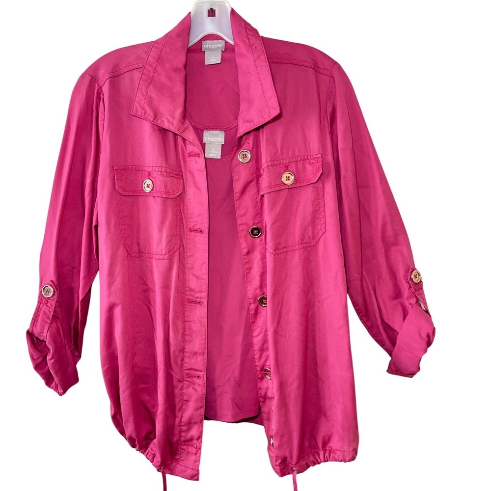 Chicos Pink 2PC Jacket Tank Set Size 0 Small Hiking Utility Roll Tab Top